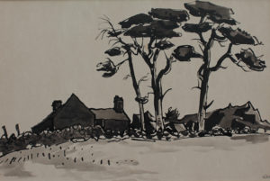 Sir Kyffin William 'Farm cottages and trees'